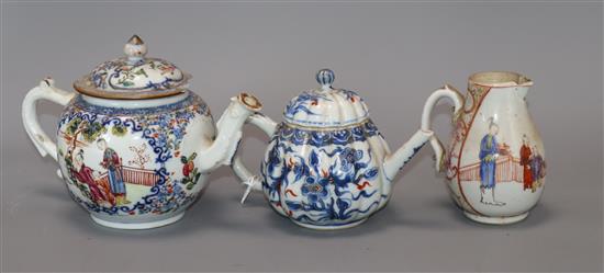 A Chinese kangxi blue and white teapot, a Qianlong famille rose teapot and a jug tallest 13cm